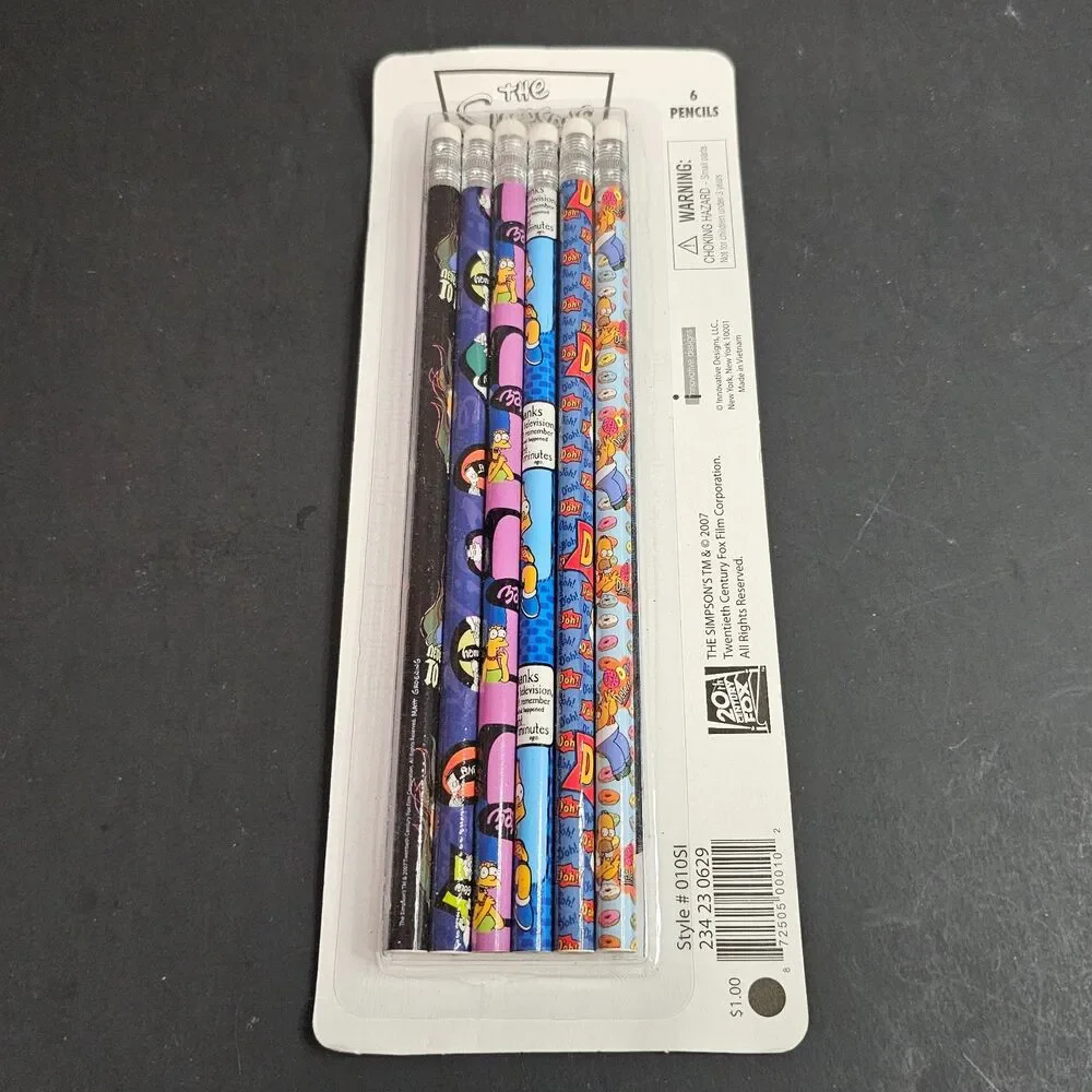 New 2007 Simpsons Pencils- 6 Pack Novelty No. 2 Lead Real Wood Pencils Homer
